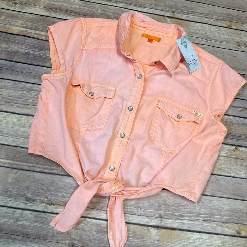 GUESS Women's Button-Front Cropped Cotton Shirt Orange zing multi size L